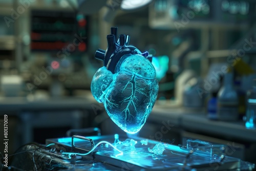 A closeup of a bioengineered heart, glowing with a faint blue light, suspended in a sterile surgical tray  photo