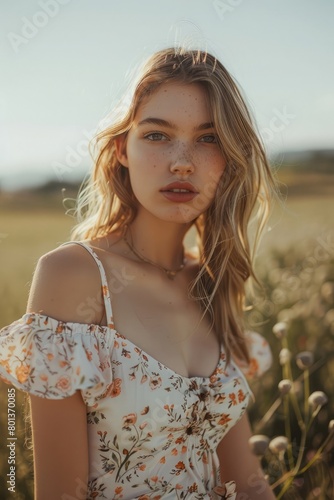 Beautiful caucasian young woman wearing a floral playsuit on sunny summer day photo