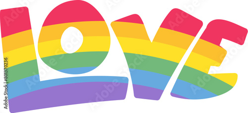 Rainbow love inscription in rainbow stripped colors. LGBT party icon for design of card or invitation. Multicolored vector symbol isolated on white background (ID: 801370236)