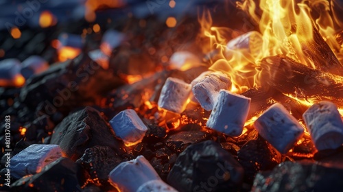 A closeup of a campfire at night, flames dancing and casting flickering shadows on a pile of marshmallows ready for roasting 
