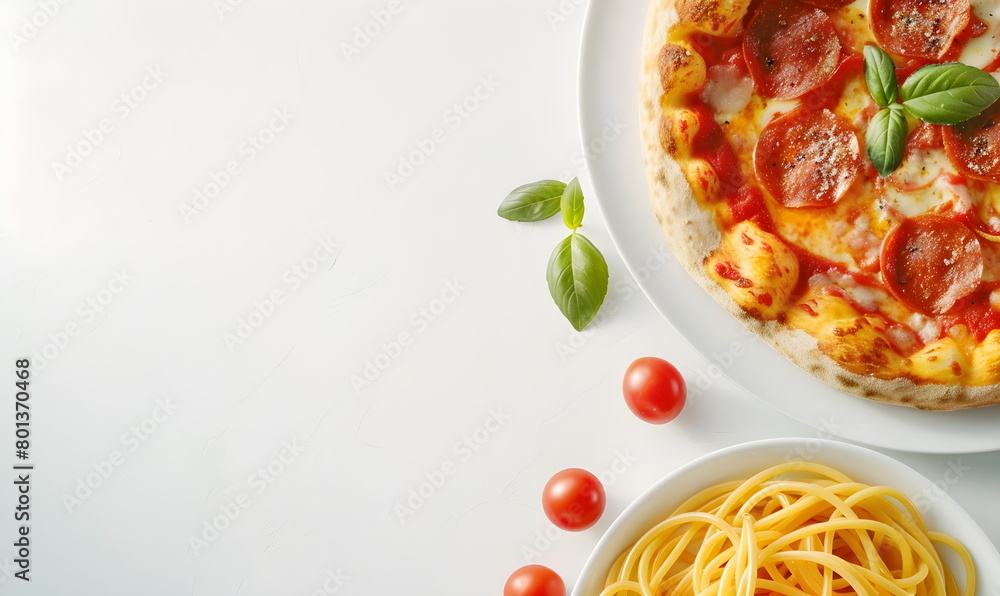 Homemade pizza according to an Italian recipe and Italian pasta. Classic simple pizza, top view on white background. Pizza with lots of pepperoni and cheese Homemade pizza according to an Italian recipe and Italian pasta. Classic simple pizza, top view on white background. Pizza with lots of pepperoni and cheese