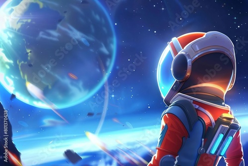 An astronaut in a red spacesuit looks out at a beautiful blue planet