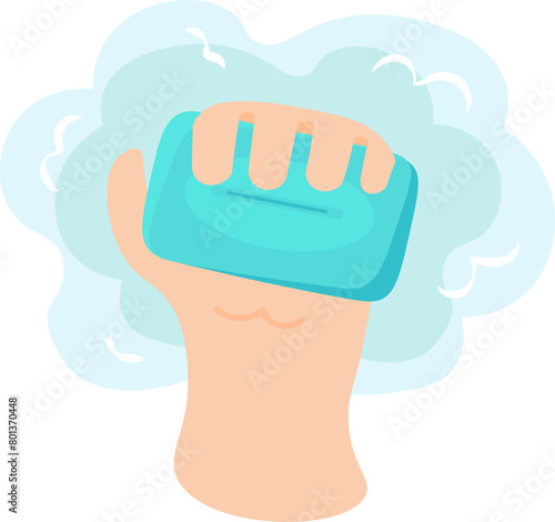 Man hand holding bar of soap icon. Maintaining daily hygiene, medical stroked cartoon element for modern and retro design. Simple color vector pictogram isolated on white background (ID: 801370448)