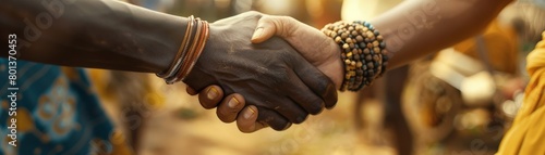 A closeup of a handshake between a business person and a local artisan, finalizing a fairtrade deal that benefits both parties  photo