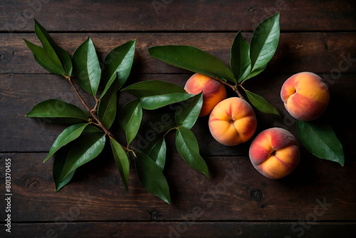  Peach with leaves ai generated. Peach fruit on wooden table top view. Peaches on dark background. Generative AI. © Tim UR