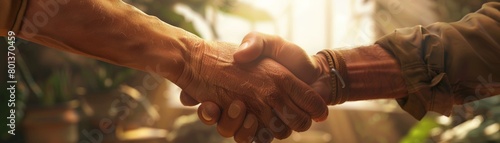 A closeup of a handshake between a business person and a local artisan, finalizing a fairtrade deal that benefits both parties 