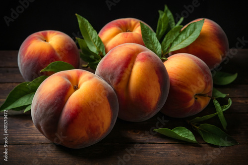  Peach with leaves ai generated. Peach fruit on wooden table macro. Peaches on dark background. Generative AI. © Tim UR