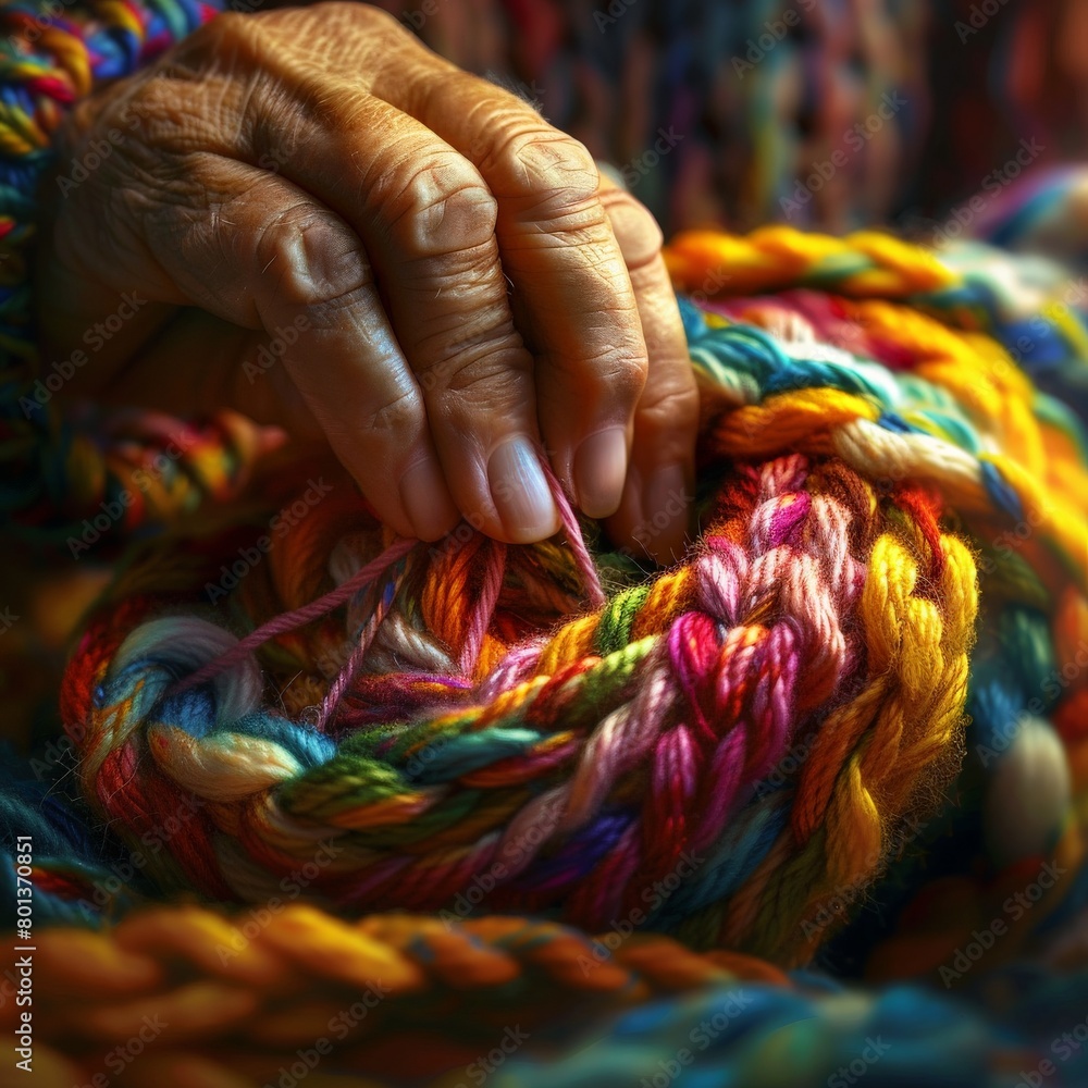 A closeup of a pair of hands knitting with colorful yarn, creating a warm and inviting image A closeup of a pair of hands knitting with colorful yarn, creating a warm and inviting image
