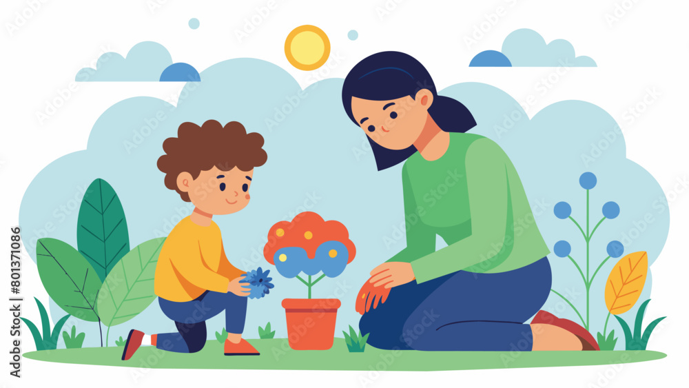 A mother and her neurodivergent son working together in a garden using the activity as a form of theutic bonding and an opportunity to teach patience. Vector illustration A mother and her neurodivergent son working together in a garden using the activity as a form of theutic bonding and an opportunity to teach patience. Vector illustration