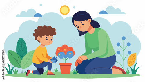 A mother and her neurodivergent son working together in a garden using the activity as a form of theutic bonding and an opportunity to teach patience. Vector illustration