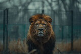 A powerful image of a majestic lion pacing restlessly back and forth in a confined enclosure, with a faded savannah backdrop,