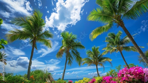 Tropical paradise. stunning palm trees  exotic flowers  and vibrant tropical landscapes