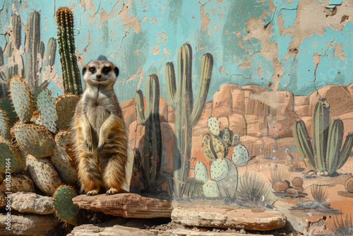 An illustration of a meerkat standing alert on a small pile of rocks, with a panoramic desert scene painted on the wall behind,