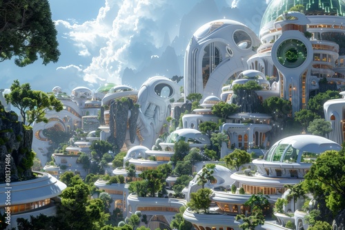  Mountainous cityscape with dome-covered buildings optimized for geothermal energy, amid rich greenery and cascading waterfalls, symbolizing sustainable urban living.