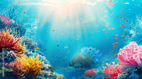 Coral Reef  Ideal for companies involved in marine ecological research. The background can depict colorful corals and diverse marine life  Generative AI.