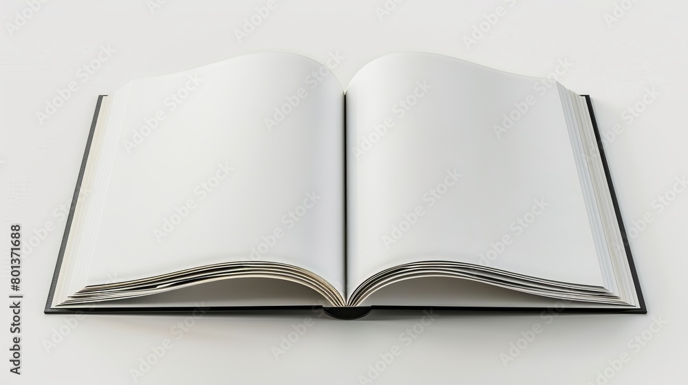 Mockup of an open book with blank pages, isolated on a white background, shown from a top view perspective. 3D illustration Mockup of an open book with blank pages, isolated on a white background, shown from a top view perspective. 3D illustration
