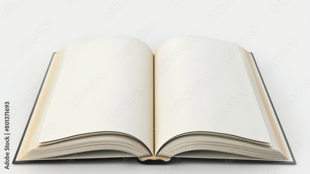 Mockup of an open book with blank pages, isolated on a white background, shown from a top view perspective. 3D illustration Mockup of an open book with blank pages, isolated on a white background, shown from a top view perspective. 3D illustration
