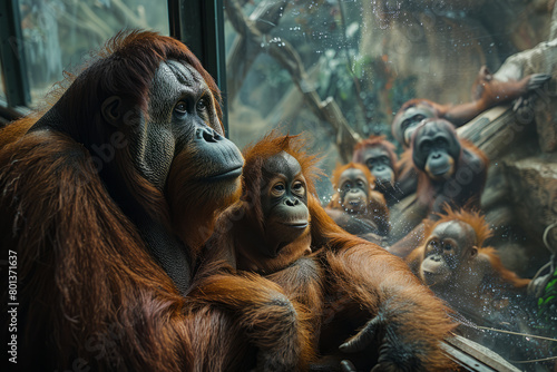 A poignant contrast showing a family of orangutans in a zoo against a digitally projected rainforest environment,
