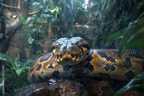 An image of a python in a glass enclosure, with the dense foliage of a rainforest depicted on the enclosure walls,