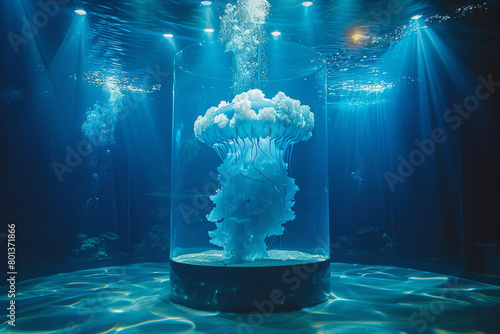 A visually striking contrast of a jellyfish in a dark blue-lit tank, with scenes of the deep ocean projected around it,