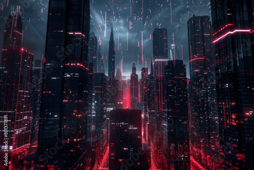 A dark cityscape at night, dominated by towering black skyscrapers with glowing red accents and holographic advertisements 