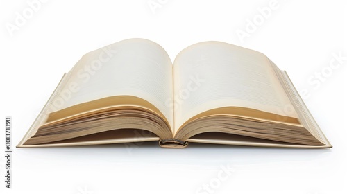 Mockup of an open book with blank pages, isolated on a white background, shown from a top view perspective. 3D illustration