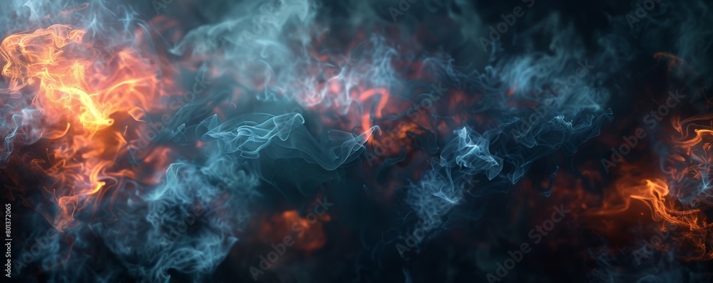 A dark, smoky background with wisps of neon smoke rising from unseen sources, creating an ethereal atmosphere 