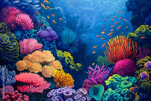 Coral Reef Ideal for marine ecological research companies. Background showcases vibrant corals and diverse marine life, perfect for environmental presentations or educational materials, Generative AI. © Анатолий Савицкий