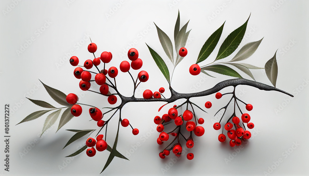 A beautifully isolated Christmas branch featuring red berries, creating a striking contrast on a white background.
