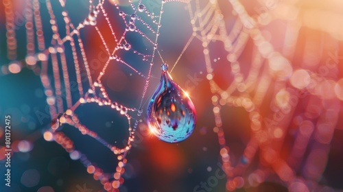 A dewdrop clinging to a vibrantly colored spiderweb, capturing the morning sunlight and tiny insects trapped within  photo