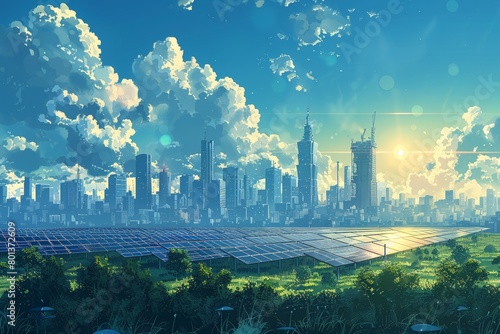 Expansive solar farms stretch towards a bustling city skyline under a brilliant blue sky  showcasing large-scale renewable energy adoption in urban areas.