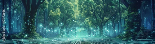 A digital circuit board forest under a starry quantum night sky  bioluminescent code pulsating through the pathways. 