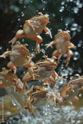 An image depicting a troupe of frogs in a water tank, made to leap at targets, with the tank being stark and clinical,