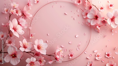Pink cherry blossoms adorn circular frame, petals scattered on blush background, evoking spring's delicate beauty. delicate circular frame with dense cherry blossoms, soft pink