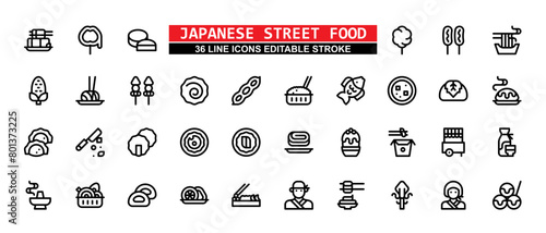 36 Japanese Street Food Line Icons Set Pack Editable Stroke Vector Illustration. photo