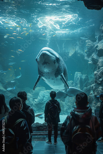 A visualization of a Yangtze finless porpoise in an aquatic conservation center, with interactive displays educating visitors, photo