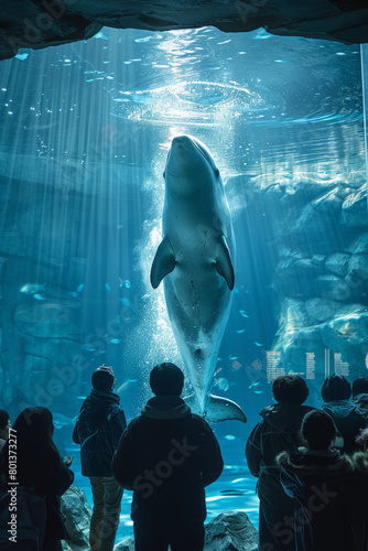 A visualization of a Yangtze finless porpoise in an aquatic conservation center, with interactive displays educating visitors, photo