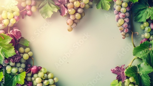 Colorful border of fresh grapes variety with green leaves on a light background.