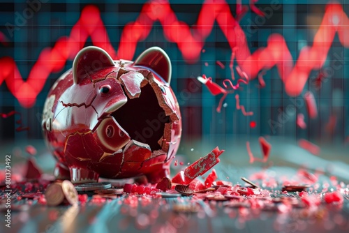 A poignant image of a shattered piggy bank in the foreground, Fragmented piggy bank in crimson hue, coins strewn on glossy surface, ominous red chart rises in backdrop.