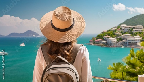 Back view of girl in hat with backpack looking at mountains and sea.