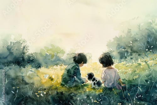 watercolor portraying a two children in a serene countryside setting, engrossed in playing on grass with a little black and white shi tzu. photo