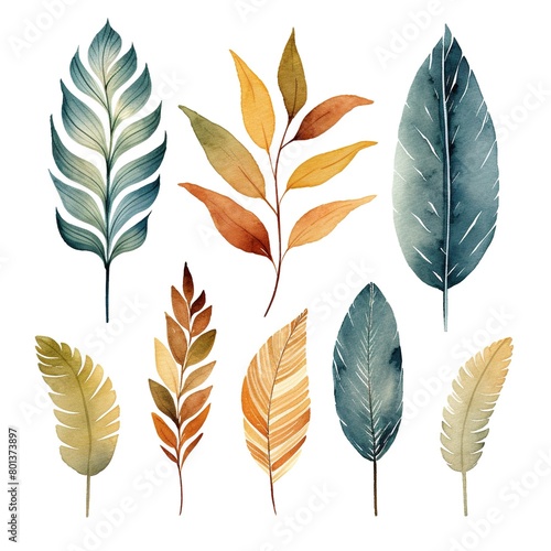 A set of watercolor leaves with a variety of colors and shapes