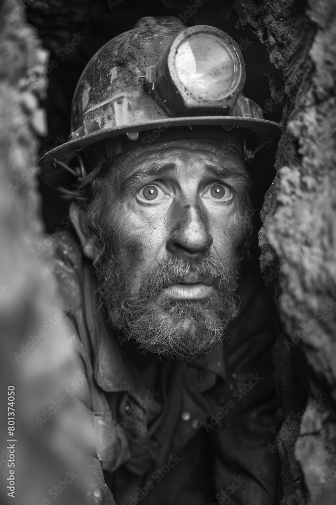 An image of a coal miner with a headlamp, cautiously navigating through a narrow underground passage, An image of a coal miner with a headlamp, cautiously navigating through a narrow underground passage,
