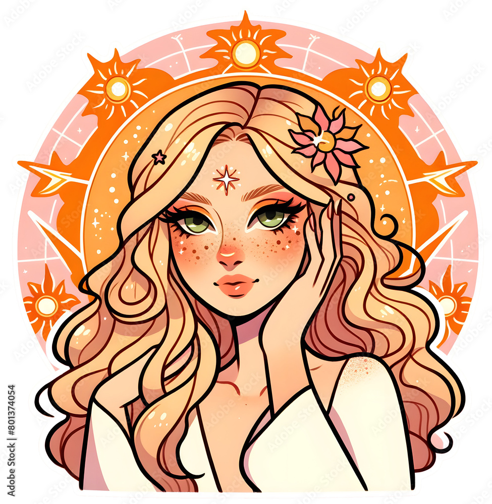 Whimsical Sticker Illustration of a Blonde Sun Goddess with Astrological Halo Whimsical Sticker Illustration of a Blonde Sun Goddess with Astrological Halo