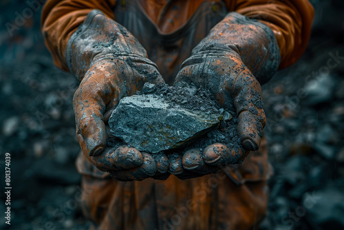 A close-up view of a miner's hands, dirty and worn, holding a piece of coal as a symbol of hard labor.