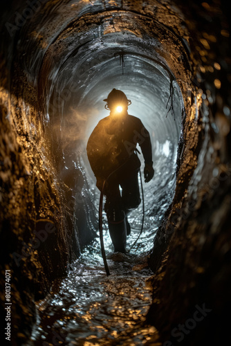 An image of a coal miner with a headlamp, cautiously navigating through a narrow underground passage,