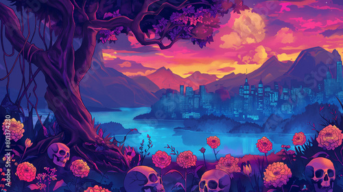 The many skulls in the topical beach and summer flower with forest tree isolation background, Illustration