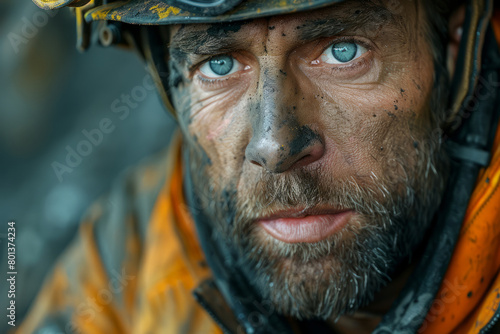 A vivid portrayal of a coal minerâ€™s face, covered in soot but eyes gleaming with resilience,