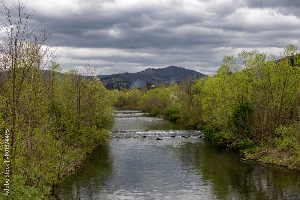 River flowing between spring trees under a dramatic sky and with mountains in the background River flowing between spring trees under a dramatic sky and with mountains in the background