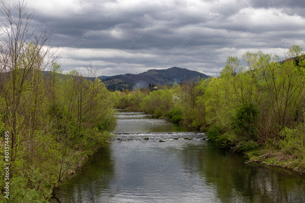 River flowing between spring trees under a dramatic sky and with mountains in the background